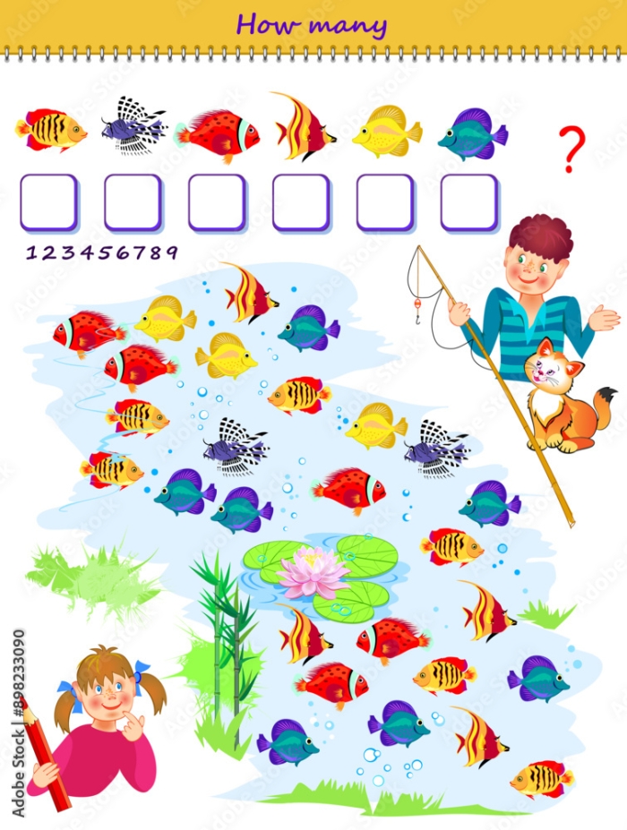 Preschool fish counting addition worksheet featuring thirteen friendly sea creatures