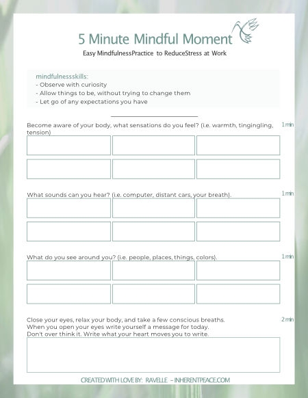 A colorful preschool worksheet featuring five senses icons to help children practice mindfulness and focus on the present moment
