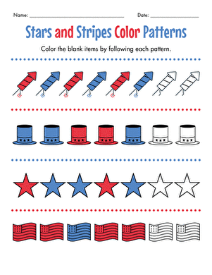 Preschool child coloring a patriotic flag page for the You're a Grand Old Flag worksheet