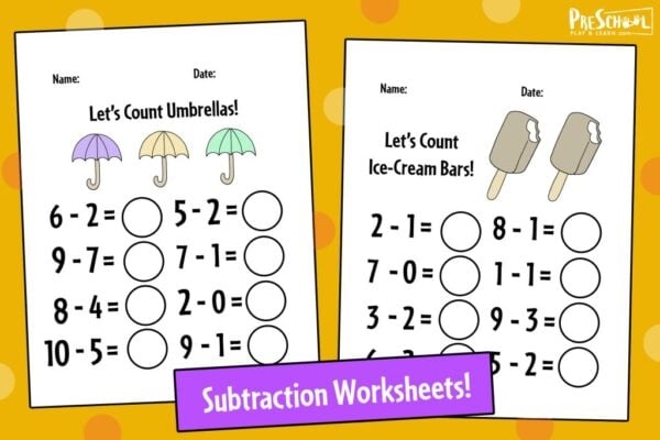 Food Math Subtraction Practice with Visual Food Examples for Young Learners Preschool subtraction worksheet showing food items with picture diagrams for learning to subtract