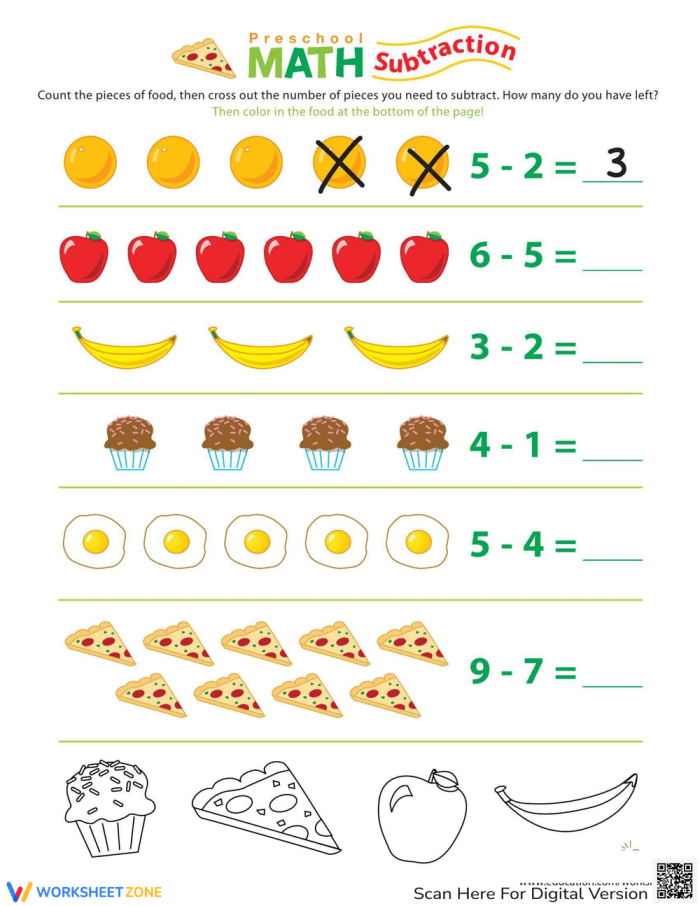 Food Math Subtraction Practice with Visual Food Diagrams for Pre-K Students Preschool subtraction worksheet showing colorful food pictures with simple math problems for young learners