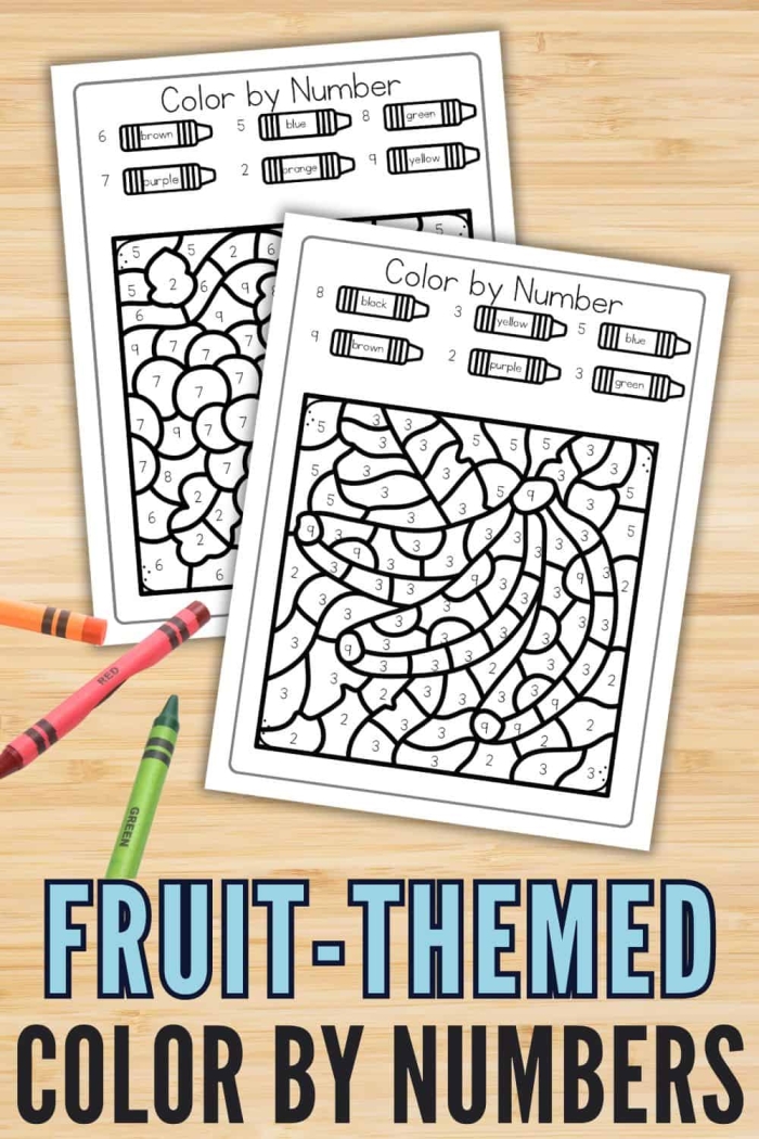 Color by number worksheet featuring various fruits for preschoolers