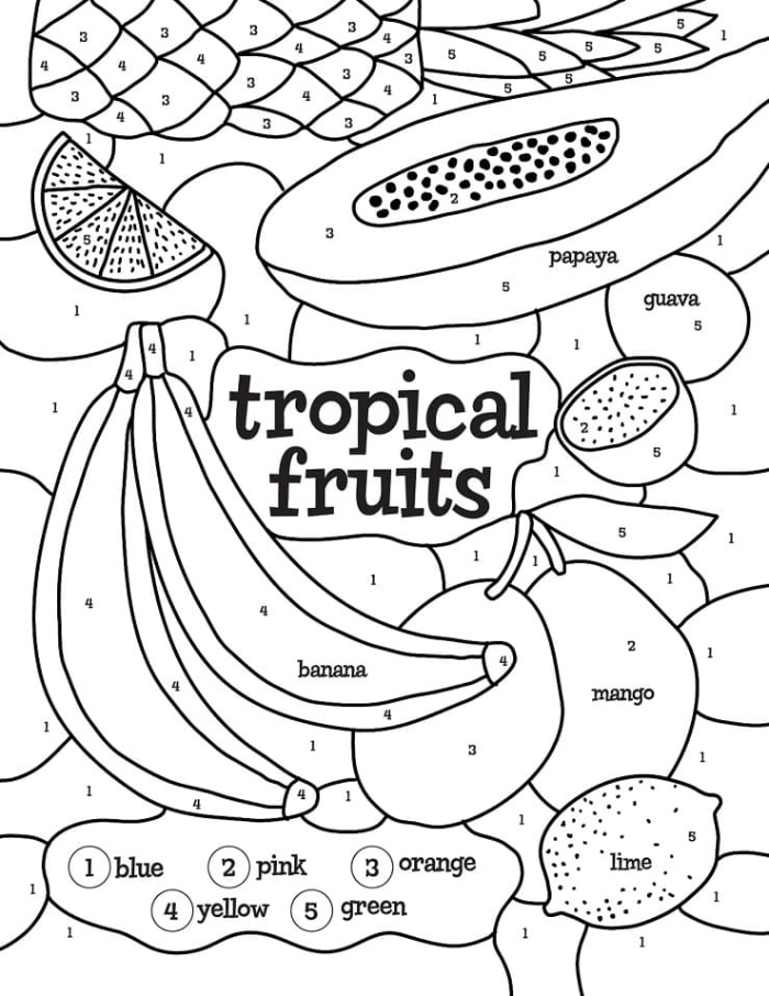 Color by number worksheet featuring vibrant fruit illustrations for kids