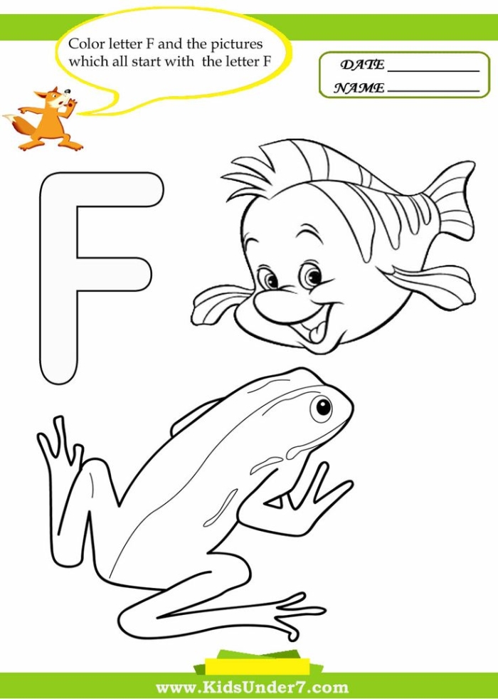 Preschool phonics worksheet featuring various objects to identify that begin with the letter F