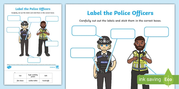 Simple police officer uniform template for Pre-K community helpers lesson Police officer hat and badge coloring worksheet for preschool geometry activity