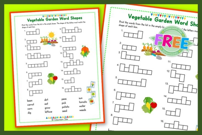 Pre-K geometry worksheet featuring a garden scene for students to cut and paste fruit shapes