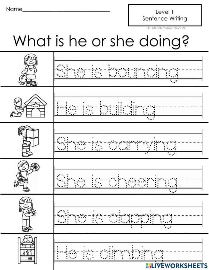 Preschoolers tracing simple sentences on a handwriting worksheet