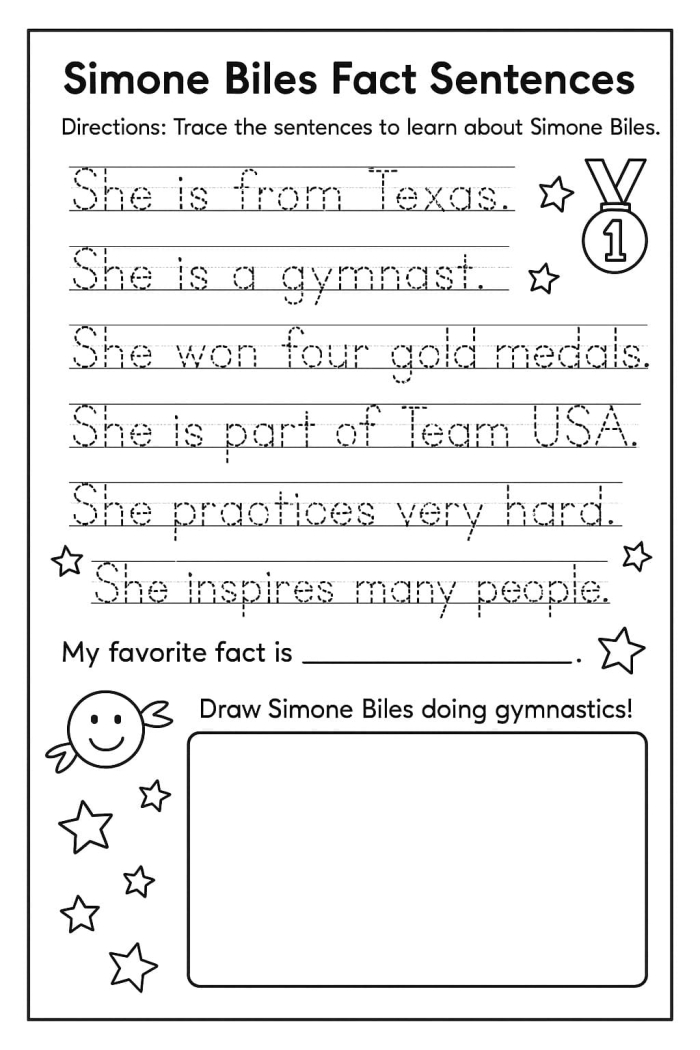 Preschool handwriting practice worksheet featuring Simone Biles with tracing lines and coloring activity for young learners