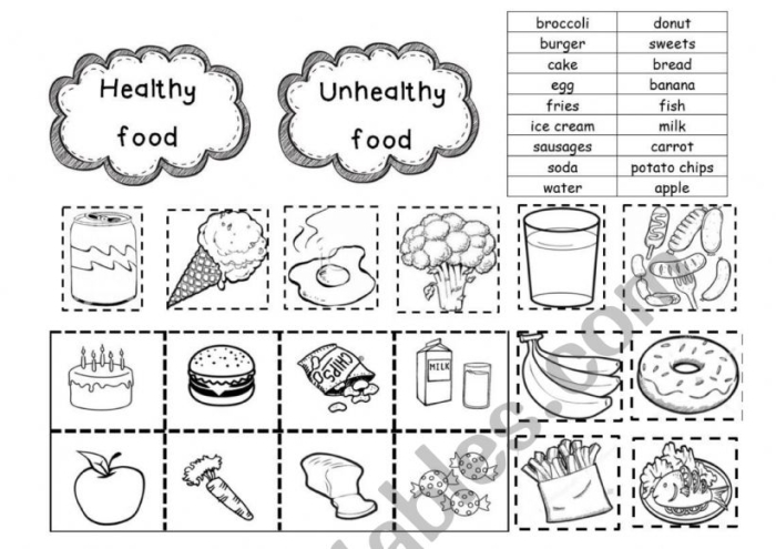 Cut and Paste a Healthy Lunch worksheet for preschoolers featuring colorful food items