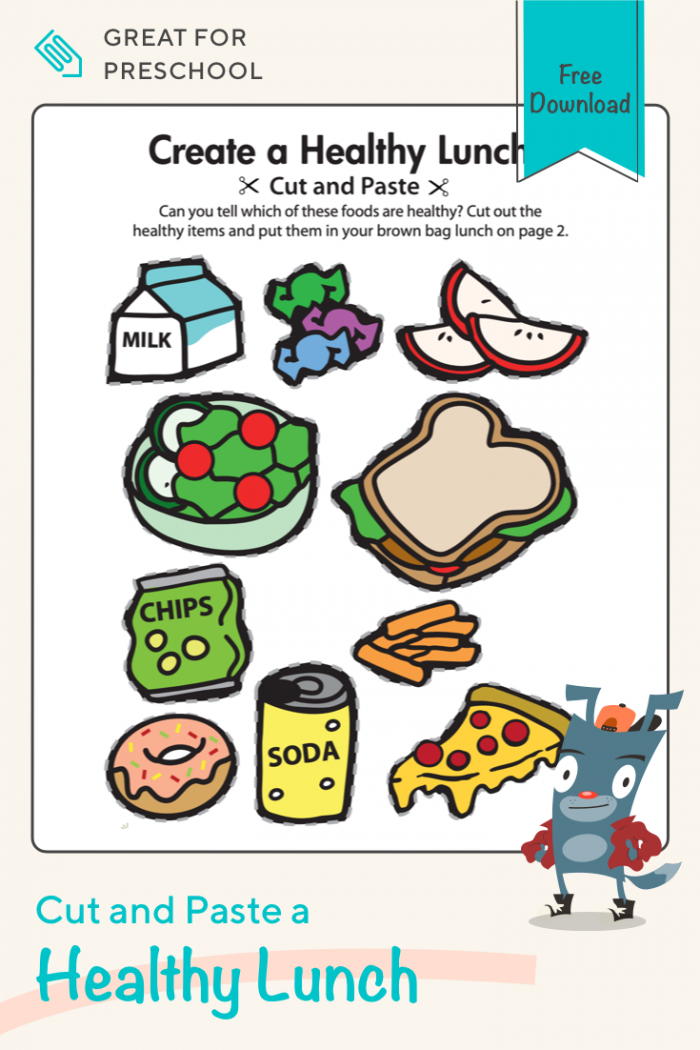 Colorful cut and paste worksheet for creating a healthy lunch for preschoolers