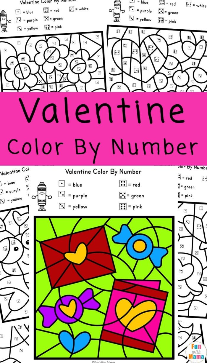 Valentine color-by-number worksheet for preschoolers featuring heart shapes and numbers 1-5 for Pre-K geometry practice