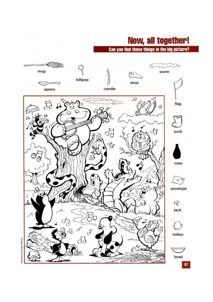 Pre-K Hidden Objects Activity 21 - Search and Find Picture Puzzle A mixed-up picture with hidden objects for preschool children to find and identify