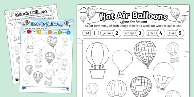 Color by number worksheet featuring vibrant hot air balloons for pre-K children