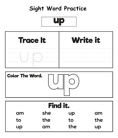Preschooler practicing the sight word Up on an interactive learning worksheet