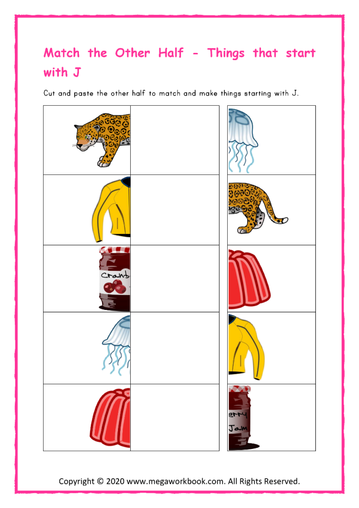 Worksheet featuring items beginning with the letter J for preschool learning
