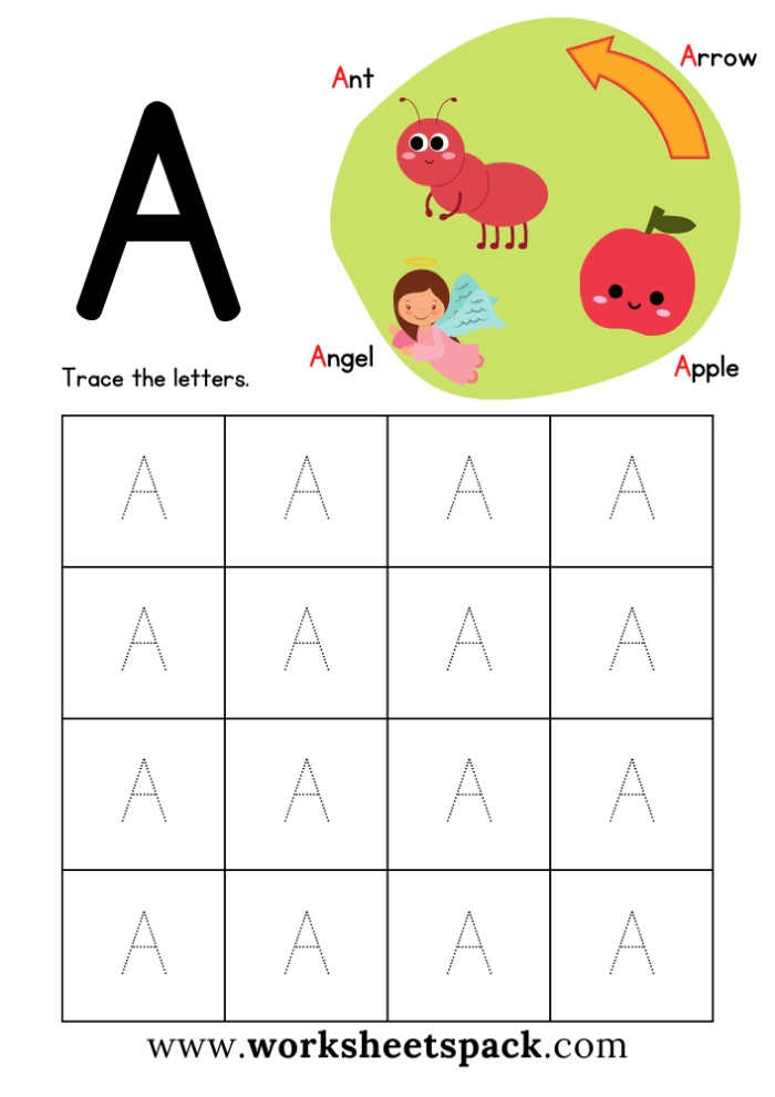 Letter A Word Family Learning Activity for Pre-K Students Preschool worksheet showing letter A words activity with pictures and tracing practice for young learners