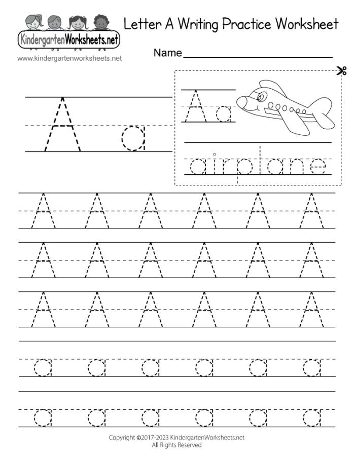 Preschool handwriting worksheet for practicing the letter a Lowercase letter a handwriting practice worksheet for Pre-K students