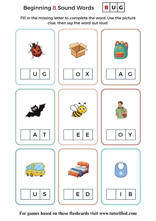 Worksheet for preschoolers featuring words that start with the letter B, designed for early reading skills. Things that Start with B! worksheet for Pre-K learning activities.
