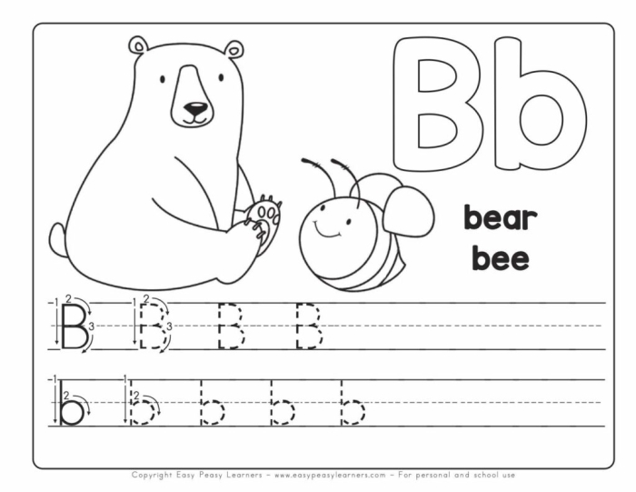Letter B recognition and phonics practice page for young students learning alphabet sounds Preschool letter B worksheet activity with pictures and words starting with the letter B for early learners