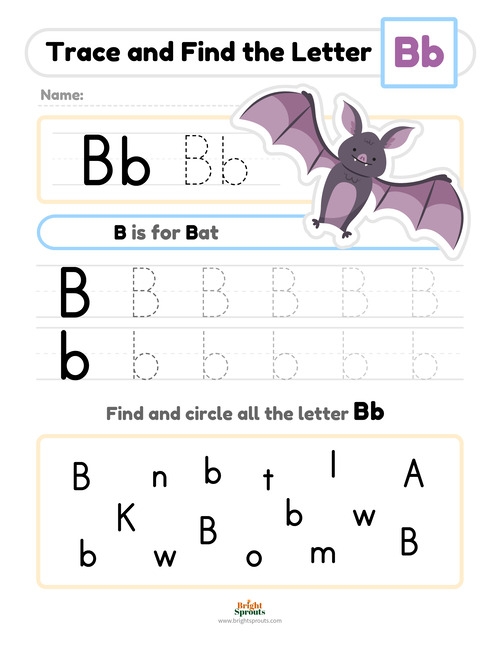Preschool printable worksheet featuring colorful illustrations and tracing practice for the letter B