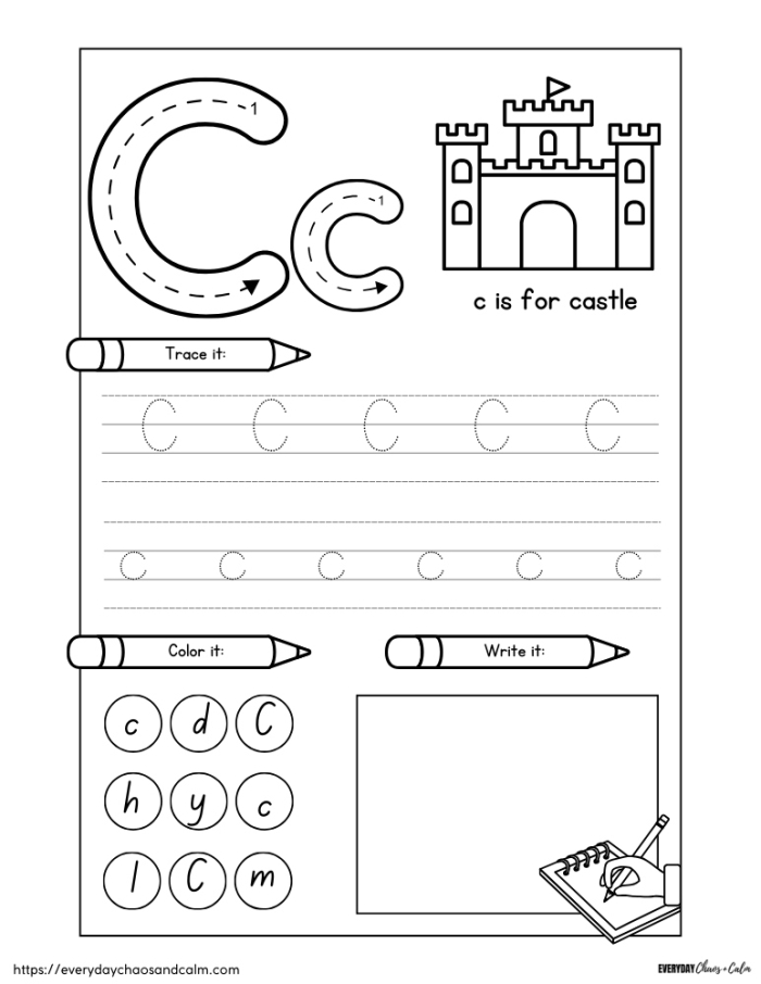 Preschool student practicing handwriting skills with a colorful letter C alphabet worksheet