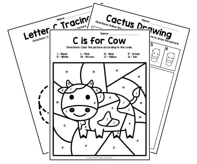 Preschool worksheet featuring the letter C with colorful pictures and tracing activities for beginning readers
