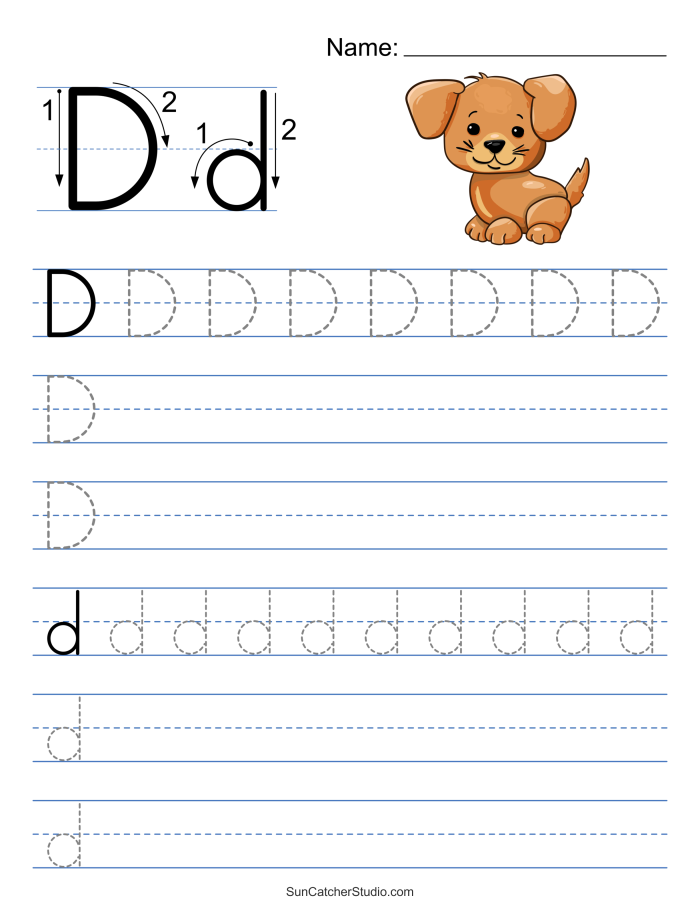 A young child's hand tracing dotted lines and the letter D on a worksheet to develop writing skills