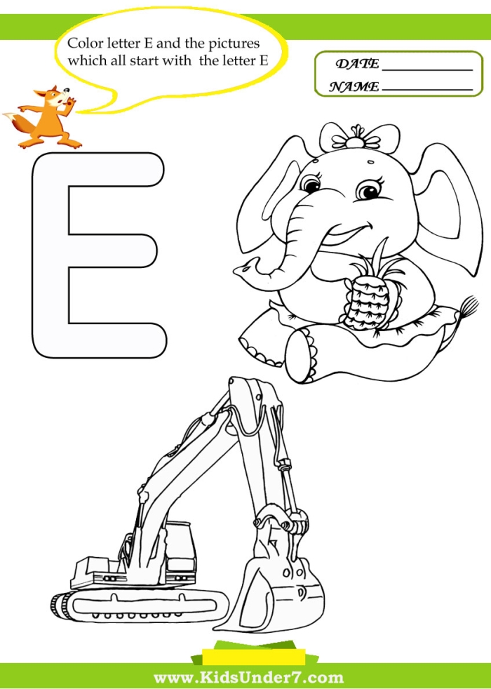 Preschool alphabet worksheet with letter E coloring activity and pictures starting with E sound