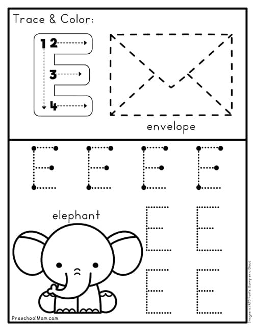 Colorful worksheet featuring the letter E to support preschool reading skills