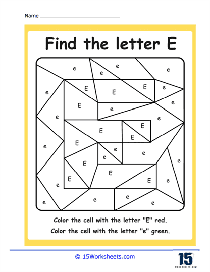 Colorful worksheet focused on the letter E for preschool reading readiness