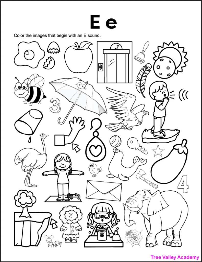 Colorful worksheet for preschoolers focusing on the letter E to enhance early reading skills