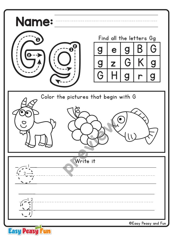 Reading worksheet for Pre-K Colorful worksheet focusing on the letter G for preschoolers to enhance reading skills. Engaging activity sheet introducing words like go, green, and gift.