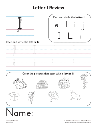 Preschool phonics worksheet featuring colorful illustrations of objects that begin with the letter I