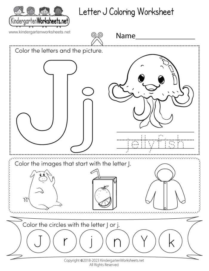 Worksheet featuring the letter J with words for preschoolers to discover