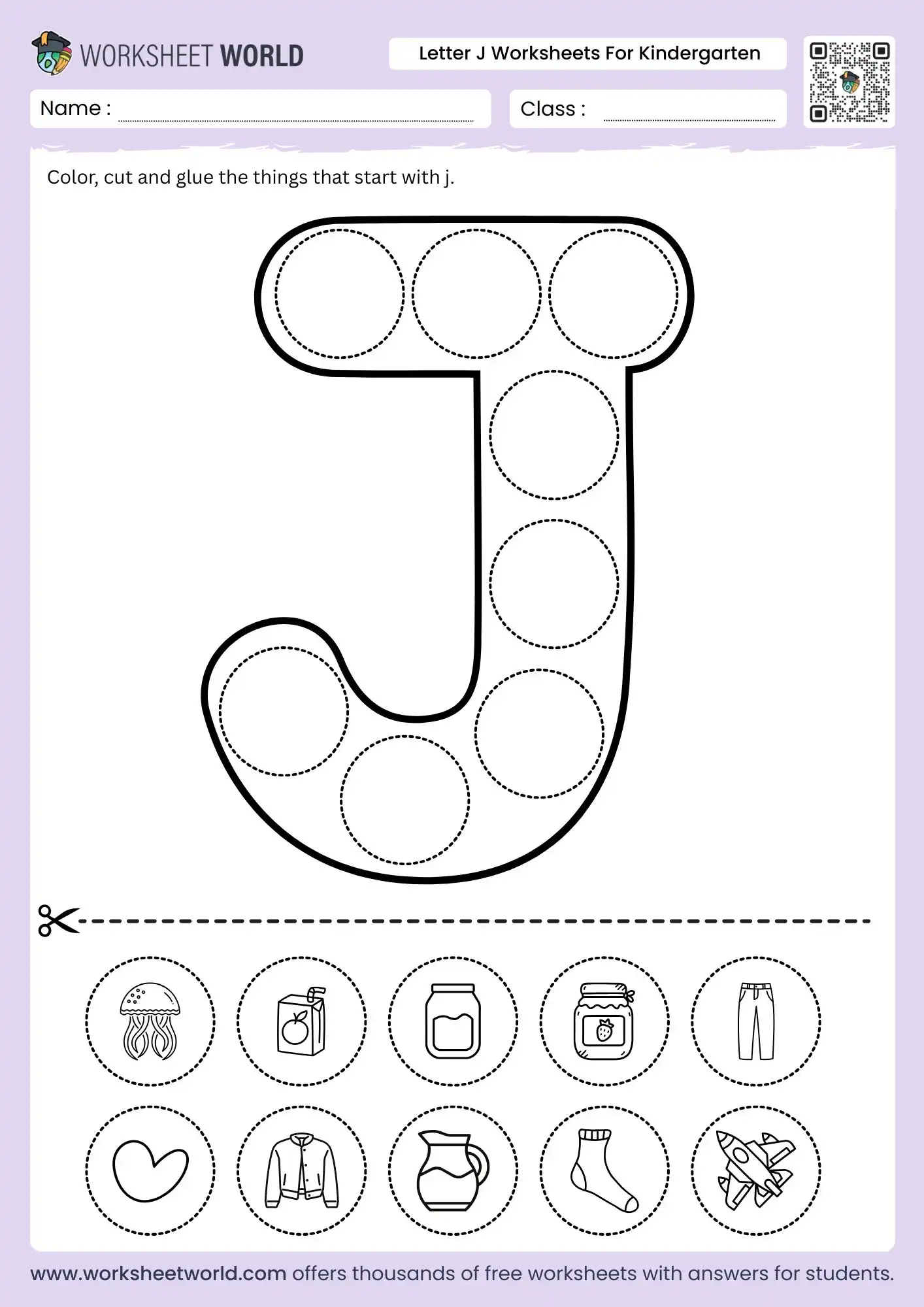 Pre-K worksheet page featuring various illustrations for children to identify objects starting with the letter J