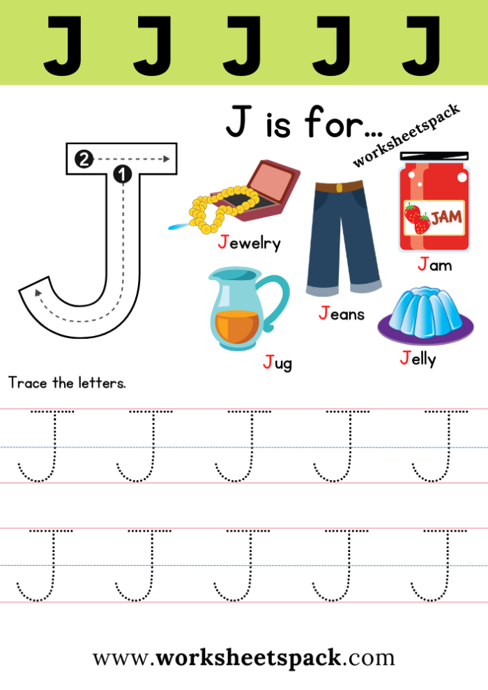 Colorful worksheet featuring the letter J designed for preschool reading skills