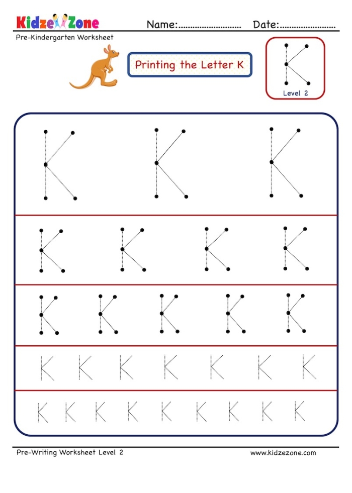 Practice Tracing the Letter K Activity for Pre-K Students Number 24 Pre-kindergarten child tracing dotted lines and the letter K to develop fine motor skills on a writing practice worksheet