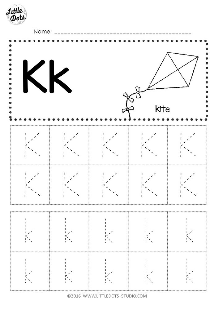 Practice Tracing the Letter K Worksheet Number 4 Pre-K worksheet showing children how to trace lines and the letter K to improve handwriting