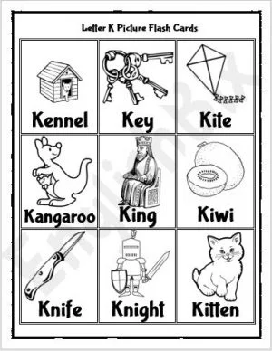 Pre-K worksheet page featuring various illustrations of objects that start with the letter K