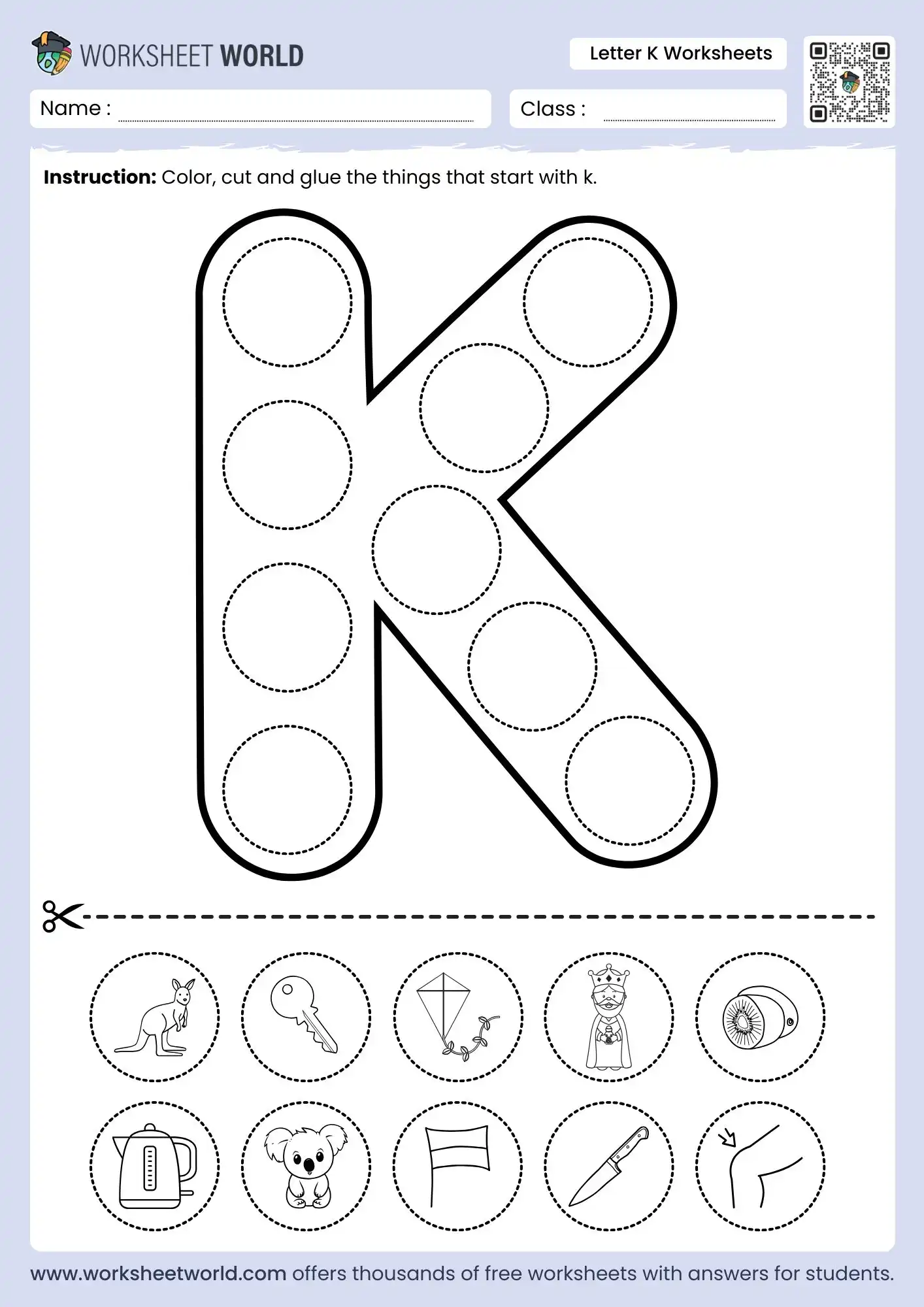 Worksheet featuring items that begin with the letter K for preschool phonics practice