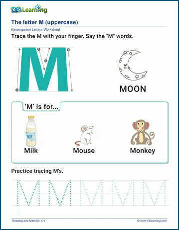 Worksheet featuring activities focused on the letter M for preschoolers learning the alphabet