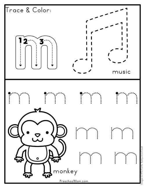 Worksheet featuring activities focused on the letter M for preschoolers learning the alphabet