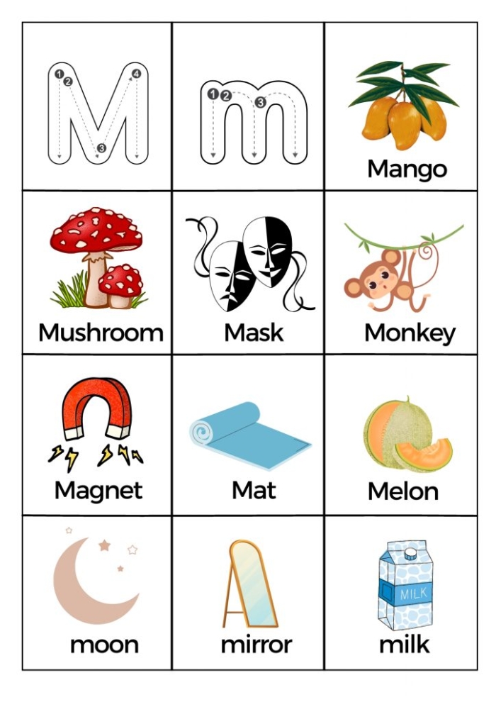 Worksheet featuring activities focused on the letter M for preschoolers learning the alphabet