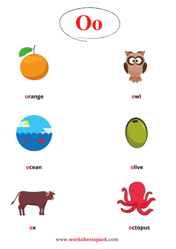 Pre-K phonics worksheet featuring various objects that start with the letter O