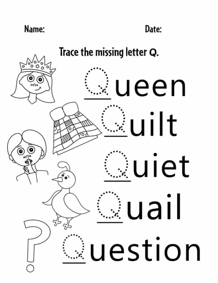 Preschool worksheet featuring a variety of objects and words to help children identify the letter Q
