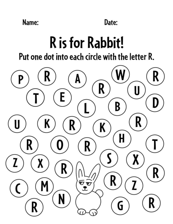 Preschool activity sheet featuring a variety of illustrations for students to identify words beginning with the letter R