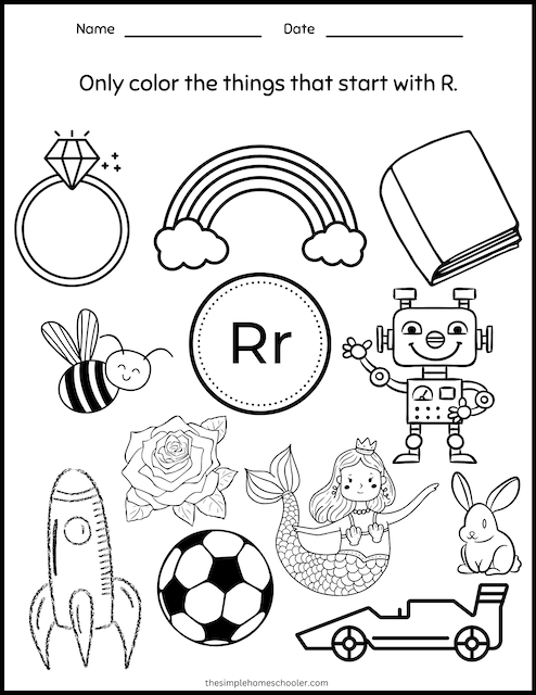 Preschool worksheet featuring a large letter R surrounded by pictures of items starting with the letter R