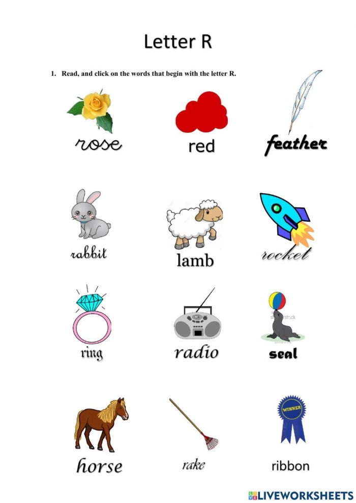 Preschool worksheet featuring Letter R vocabulary words for early literacy practice