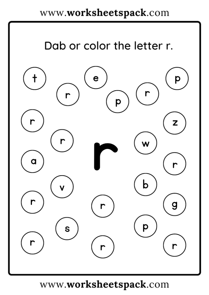 Preschool printable worksheet focusing on identifying and circling words that begin with the letter R