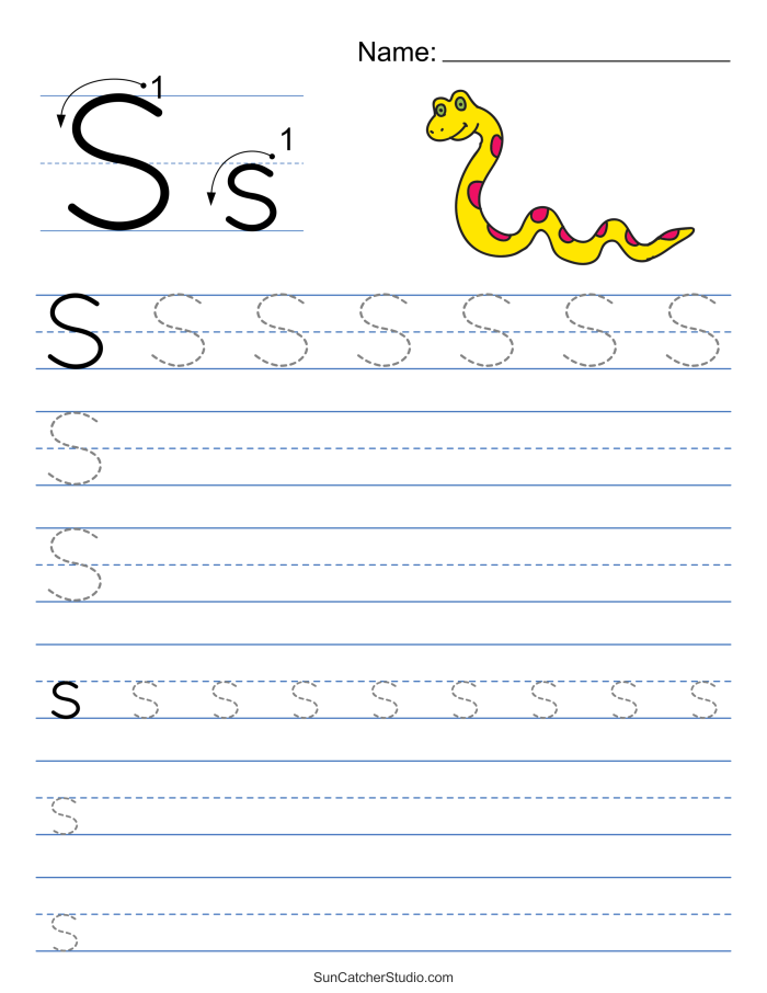 Pre-K worksheet showing a child practicing fine motor lines and tracing the uppercase and lowercase letter S